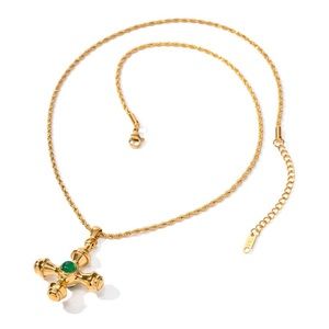 New 18 k gold plated cross green natural stone, gold color.